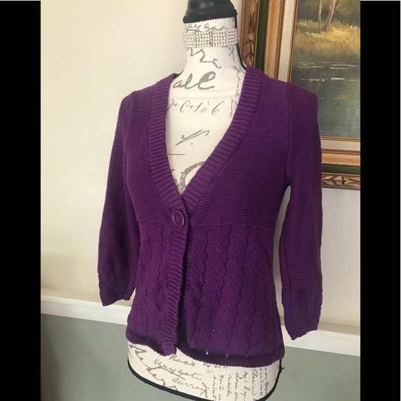 Liz & Co Purple Eyelet Ribbed Cardigan Sweater S - Picture 3 of 5